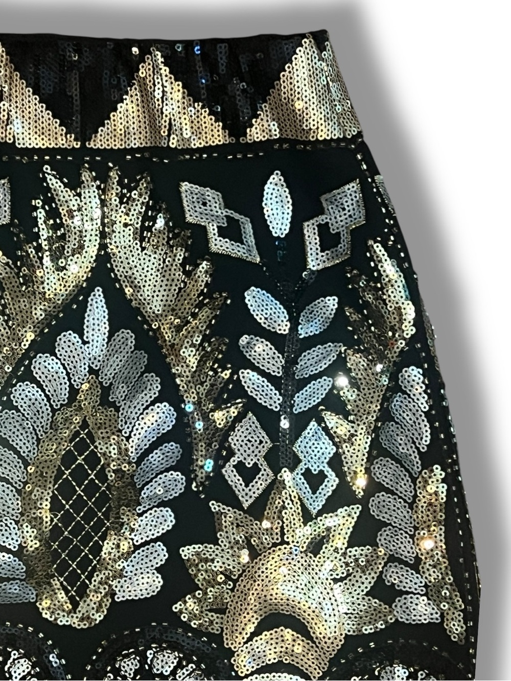 VICI Black Mini Skirt with Silver & Gold Sequins Stretch SZ L - Picture 3 of 16